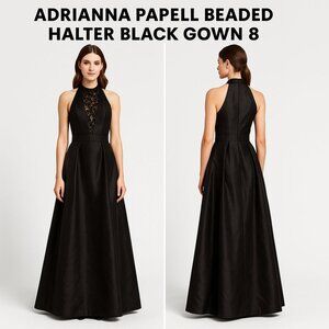 Adrianna Papell Beaded Halter Black Gown 8